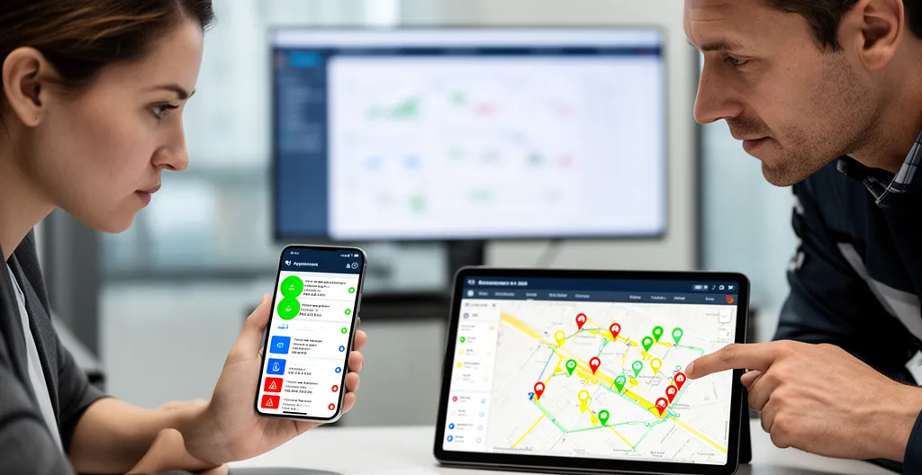 Planificateur et chef d'équipe comparent un planning digital sur smartphone et tablette dans un bureau d'exploitation