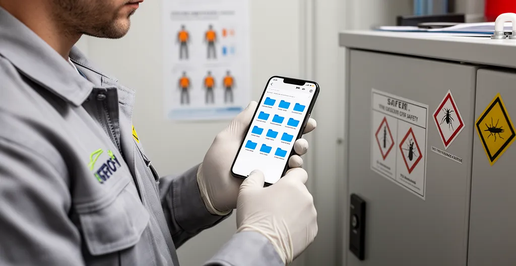 Technicien hygiène 3D consulte des documents de sécurité sur smartphone devant une armoire de produits professionnels