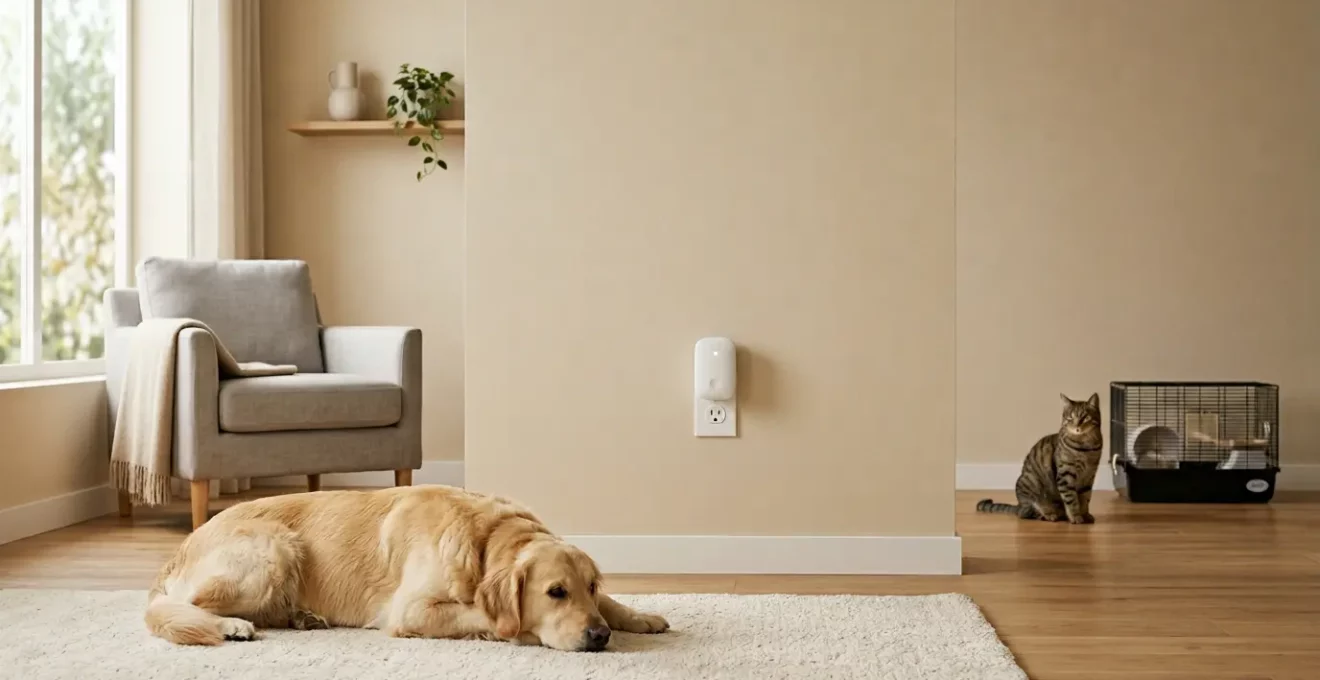 Dispositif répulsif à ultrasons anti-nuisibles branché dans un intérieur familial avec animaux de compagnie