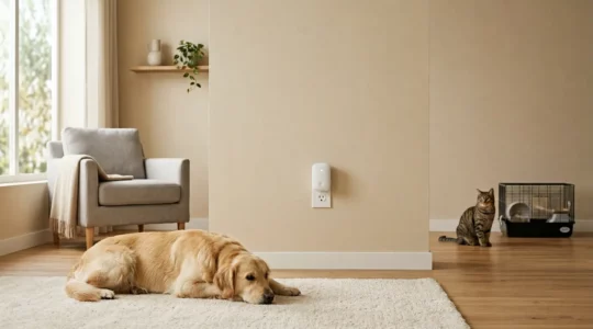 Dispositif répulsif à ultrasons anti-nuisibles branché dans un intérieur familial avec animaux de compagnie