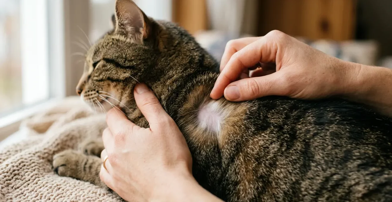 Gros plan sur l'application d'une pipette anti-puces entre les omoplates d'un chat, montrant la technique correcte de séparation des poils pour un contact cutané optimal
