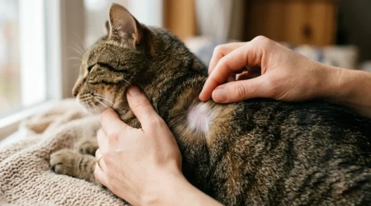 Gros plan sur l'application d'une pipette anti-puces entre les omoplates d'un chat, montrant la technique correcte de séparation des poils pour un contact cutané optimal