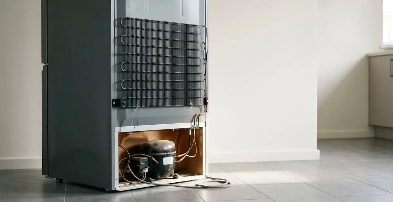 Vue d'ensemble de l'arrière d'un réfrigérateur moderne avec grille de ventilation et espace technique