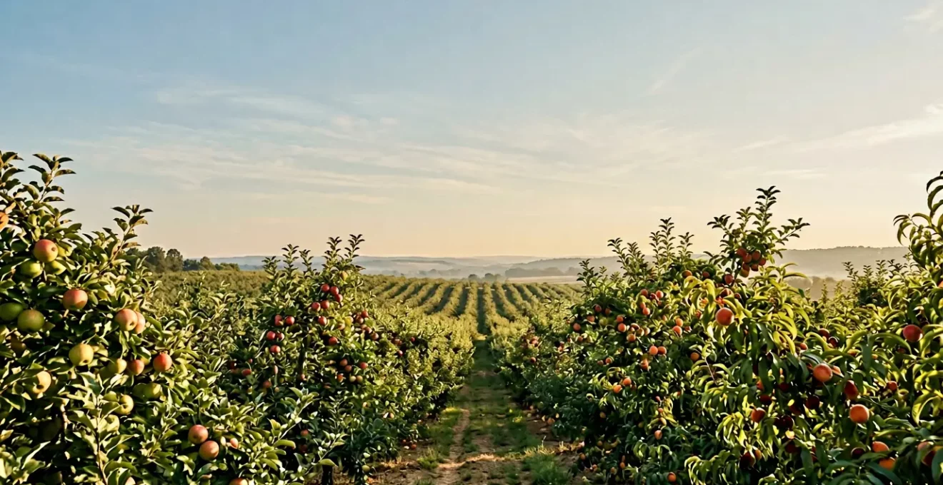 Verger d'été avec arbres fruitiers en pleine production sous un ciel lumineux