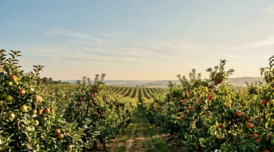 Verger d'été avec arbres fruitiers en pleine production sous un ciel lumineux
