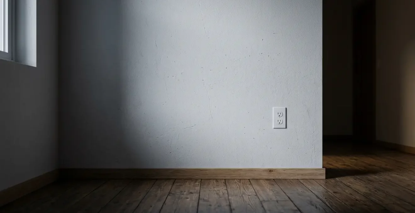 Détail d'un mur intérieur avec cloison placo dans une maison calme la nuit, ambiance sombre et mystérieuse évoquant l'écoute attentive