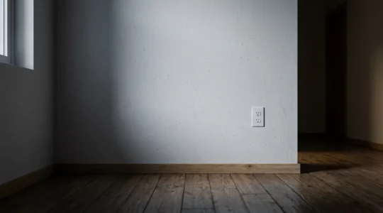 Détail d'un mur intérieur avec cloison placo dans une maison calme la nuit, ambiance sombre et mystérieuse évoquant l'écoute attentive