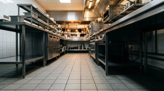 Vue macro d'une cuisine professionnelle de restaurant avec détails de surfaces métalliques et zones d'ombre propices aux nuisibles