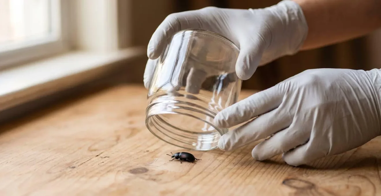 Mains gantées plaçant délicatement un récipient transparent sur un insecte pour capture sans dommage