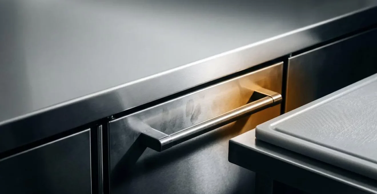 Composition symbolique montrant des surfaces de cuisine professionnelle en acier inoxydable avec jeux d'ombre et de lumière évoquant un parcours de contamination