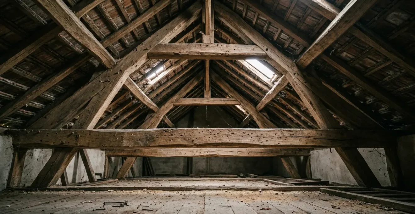 Inspection d'une charpente en bois avec traces d'attaque d'insectes xylophages visibles
