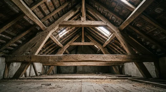 Inspection d'une charpente en bois avec traces d'attaque d'insectes xylophages visibles