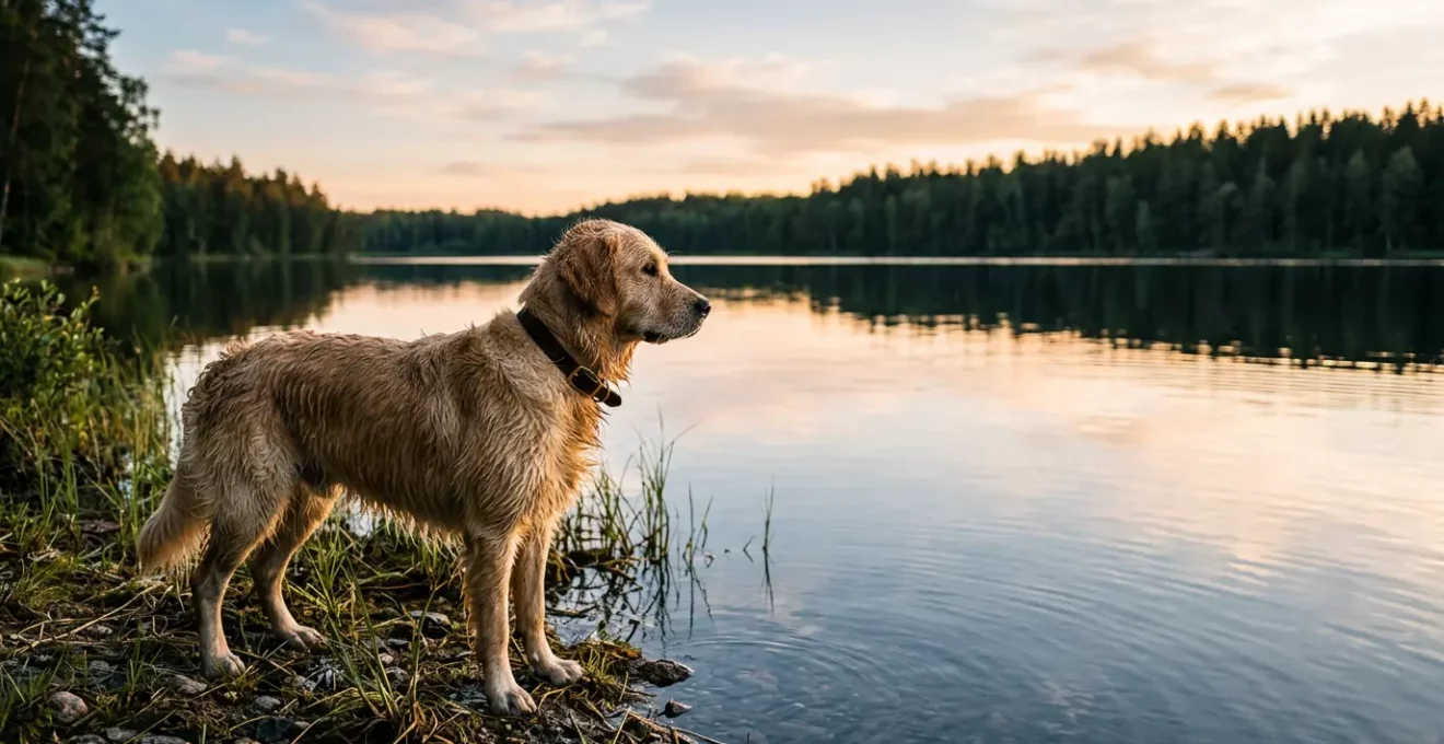 Chien portant un collier antiparasitaire au bord de l'eau en pleine nature