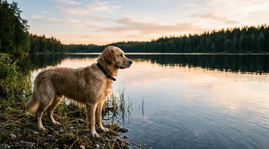 Chien portant un collier antiparasitaire au bord de l'eau en pleine nature
