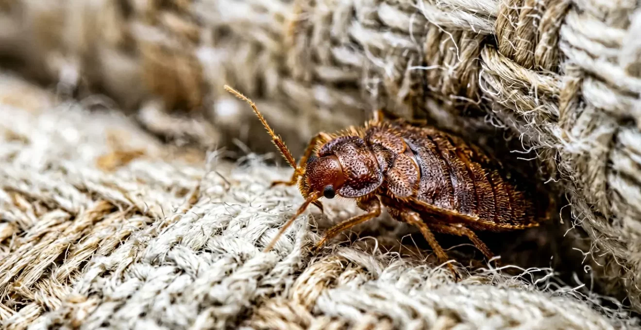 Punaise de lit Cimex lectularius en état de dormance dans une fissure sombre d'un matelas