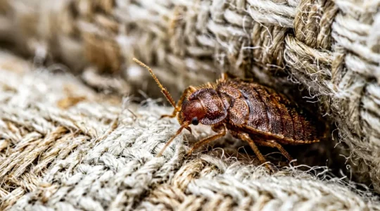 Punaise de lit Cimex lectularius en état de dormance dans une fissure sombre d'un matelas