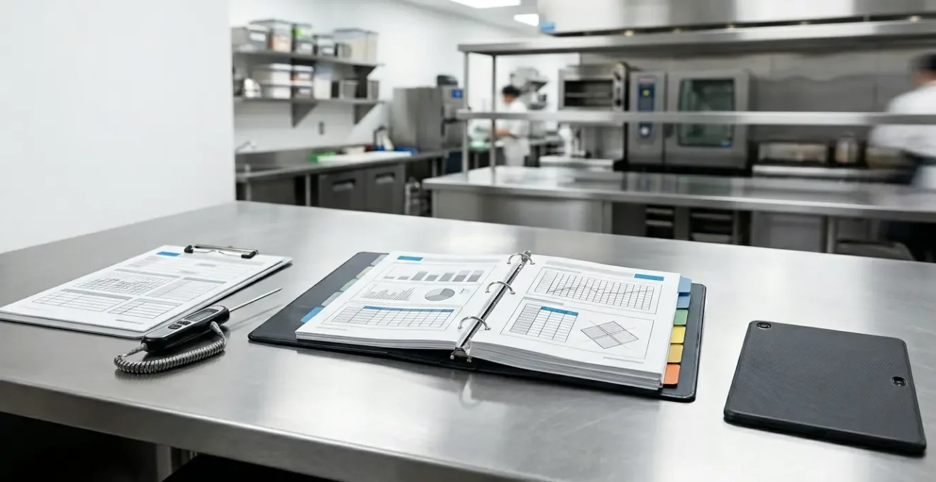 Classeur de conformité HACCP ouvert avec fiches de suivi nuisibles et plan d'établissement pour contrôle sanitaire en restauration