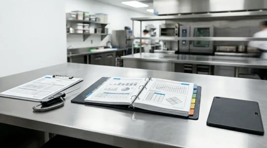 Classeur de conformité HACCP ouvert avec fiches de suivi nuisibles et plan d'établissement pour contrôle sanitaire en restauration