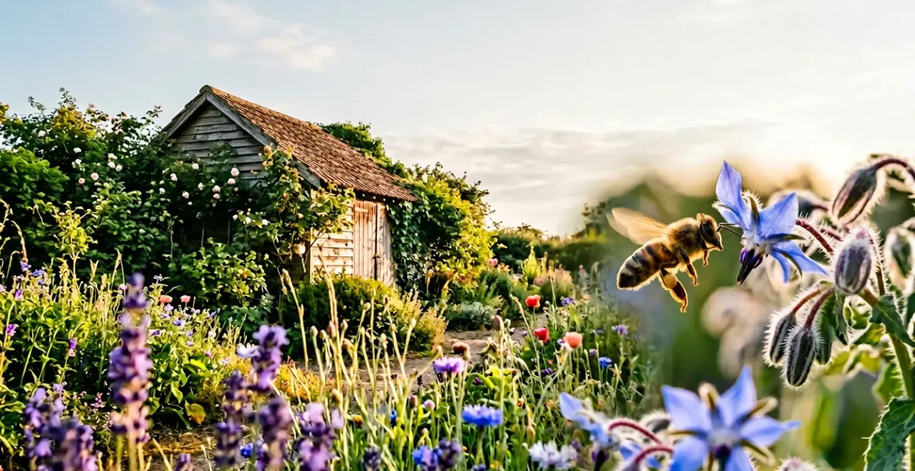 Jardin fleuri avec pollinisateurs volant paisiblement parmi les plantes melliferes