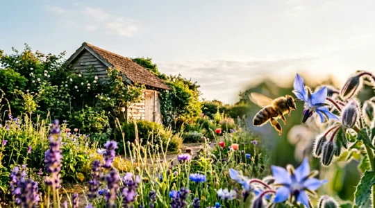 Jardin fleuri avec pollinisateurs volant paisiblement parmi les plantes melliferes