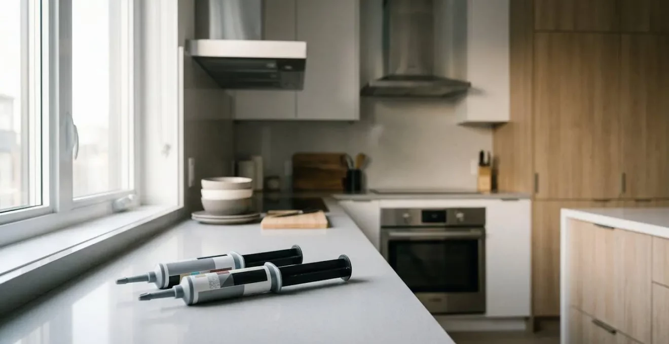 Cuisine moderne avec produits de traitement anti-cafards disposés stratégiquement sur plan de travail sans texte visible