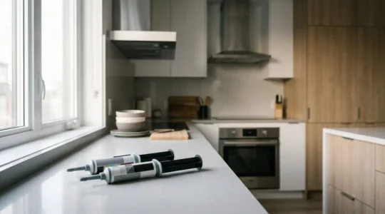 Cuisine moderne avec produits de traitement anti-cafards disposés stratégiquement sur plan de travail sans texte visible