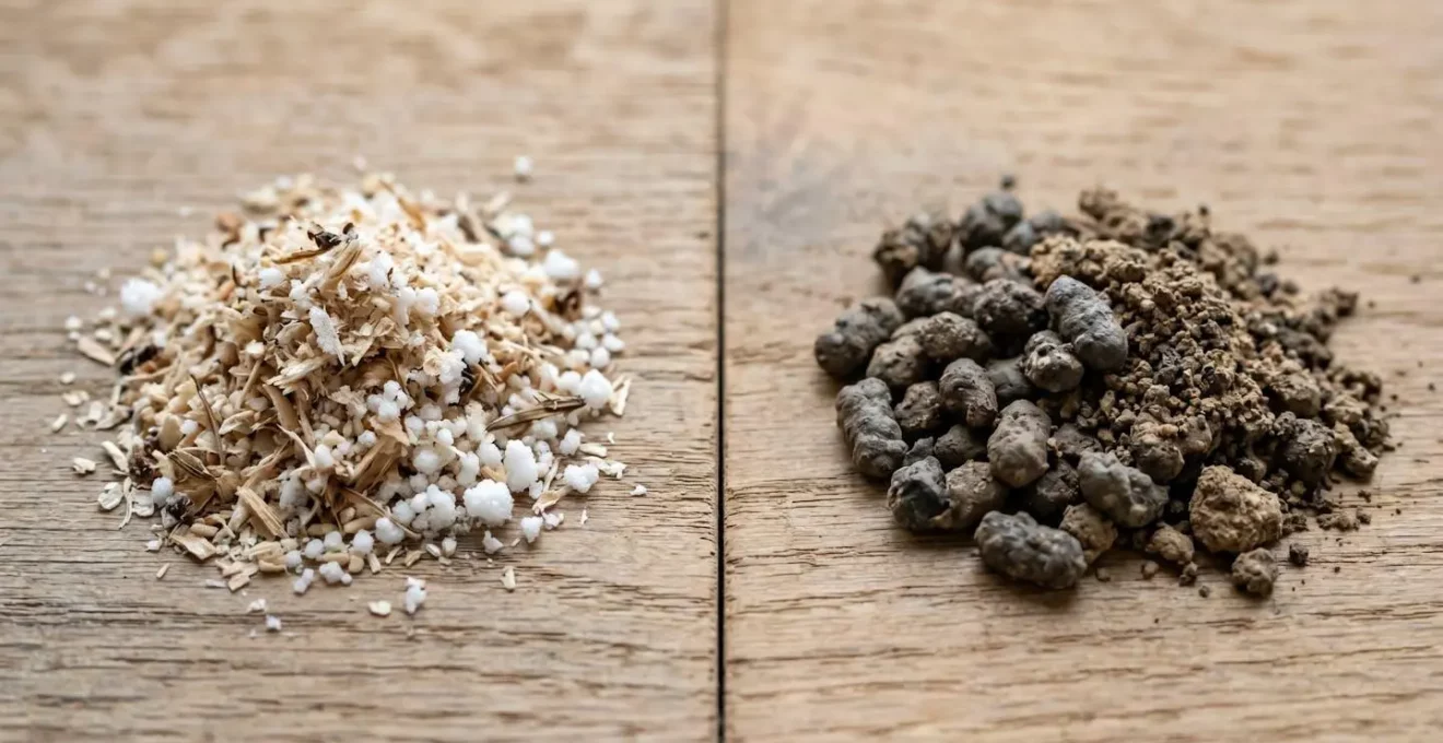Comparaison visuelle entre les débris laissés par les fourmis charpentières et ceux des termites sur une surface en bois