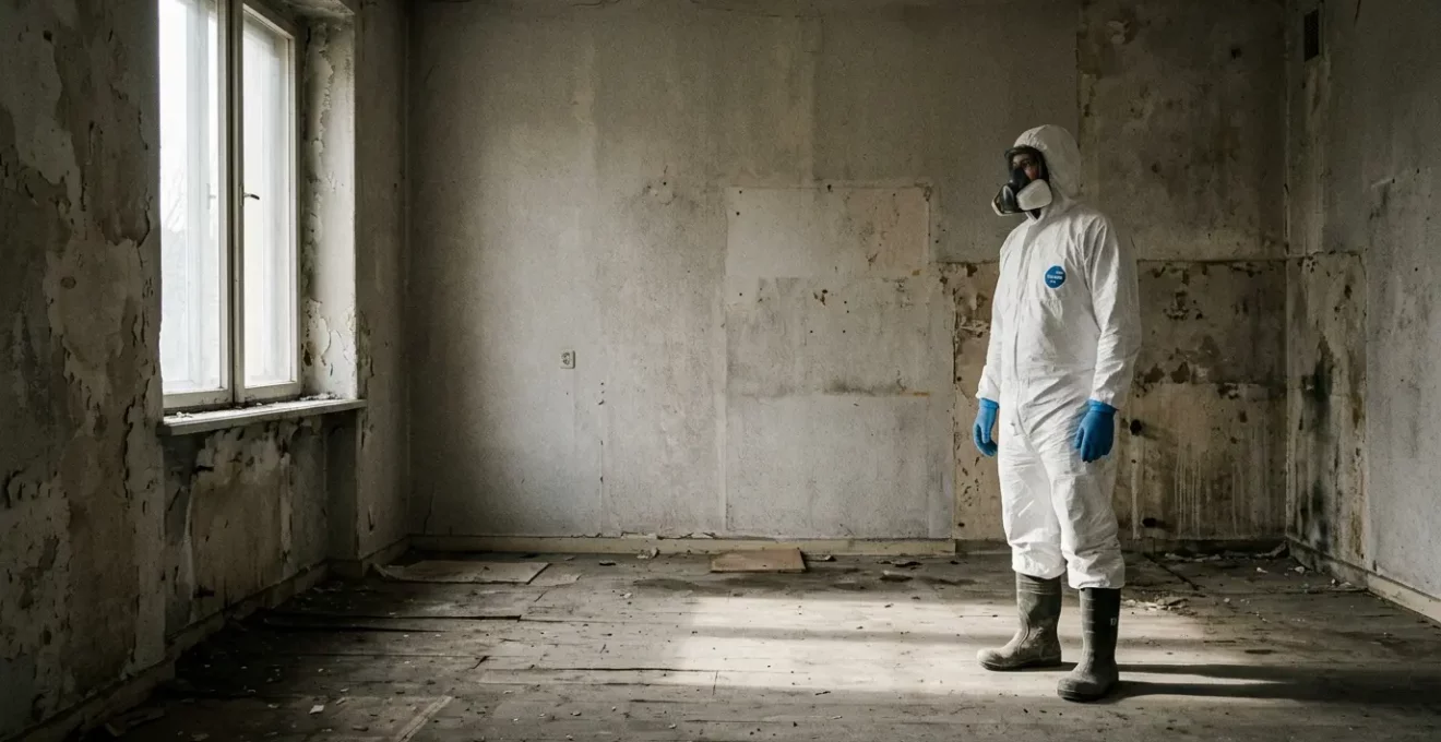 Intervention professionnelle de désinfection dans un appartement insalubre avec équipements de protection