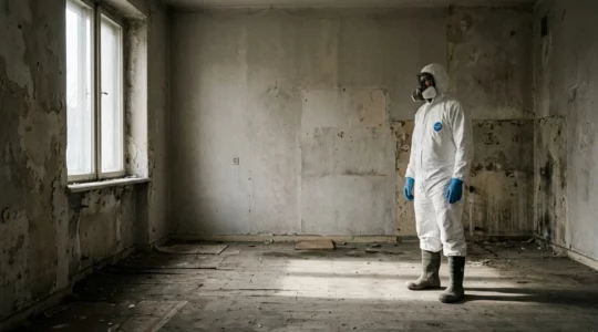 Intervention professionnelle de désinfection dans un appartement insalubre avec équipements de protection