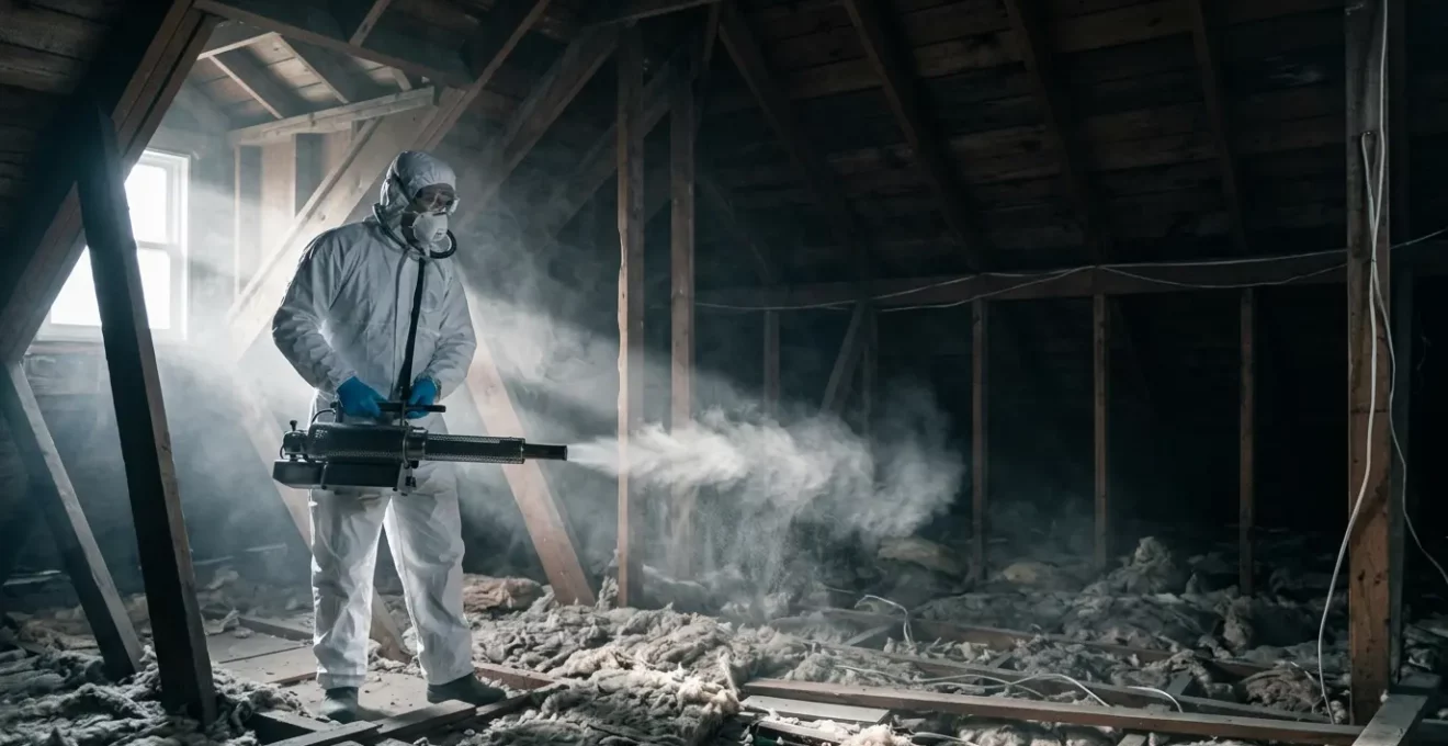 Technicien en combinaison de protection appliquant une désinfection virucide dans un grenier contaminé