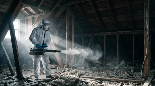 Technicien en combinaison de protection appliquant une désinfection virucide dans un grenier contaminé