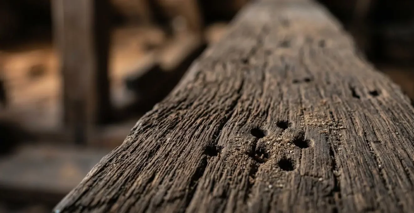 Gros plan macro sur la texture d'une poutre en bois avec vermoulure et traces de sondage