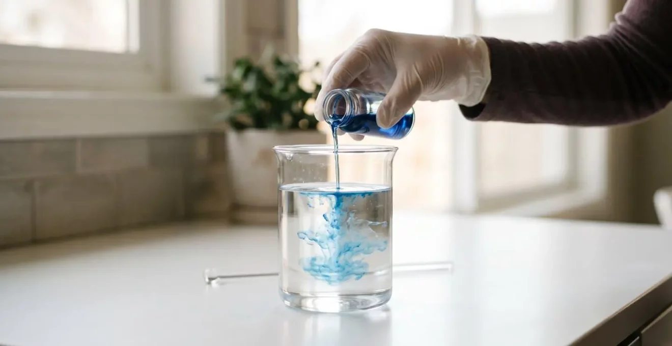 Préparation d'une solution désinfectante diluée dans un récipient transparent sans étiquette