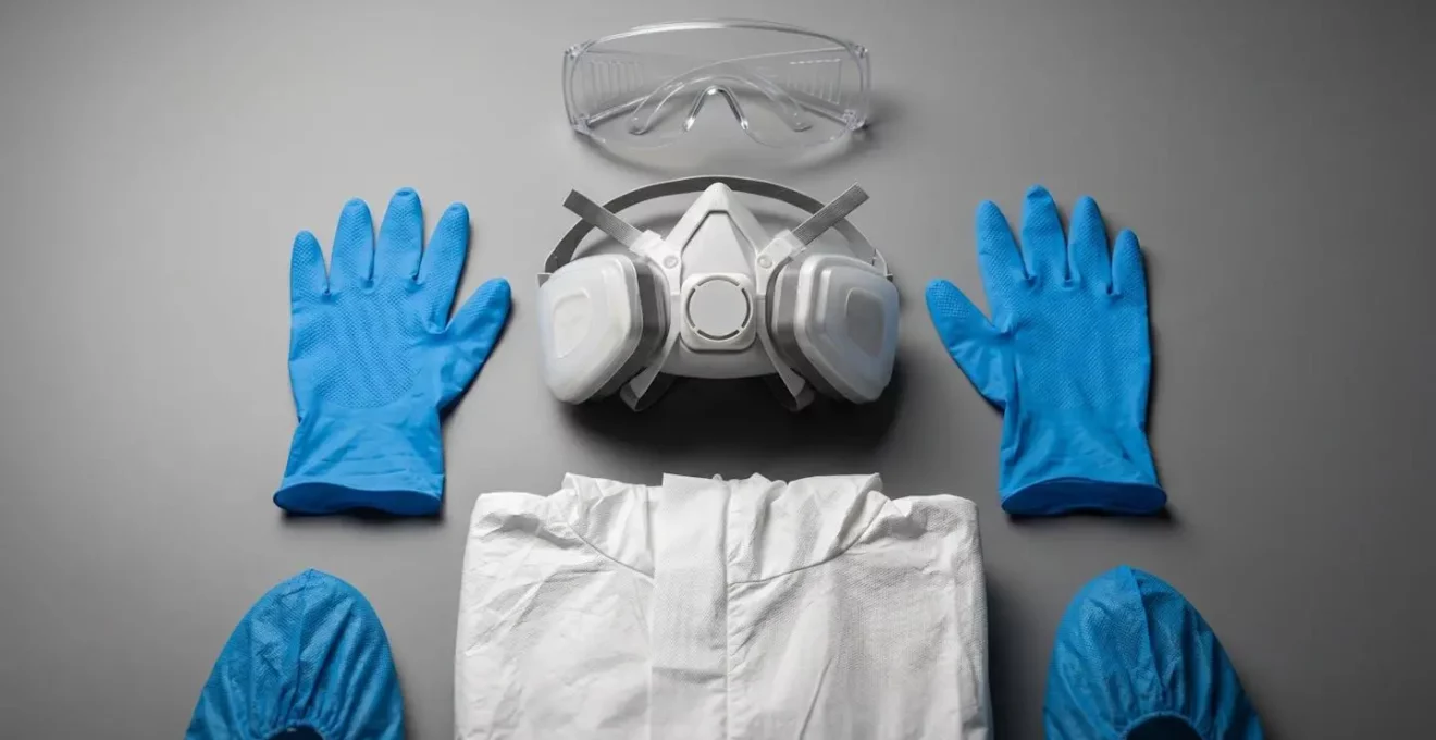 Équipement de protection individuelle complet pour désinfection après invasion de rongeurs disposé sur surface neutre