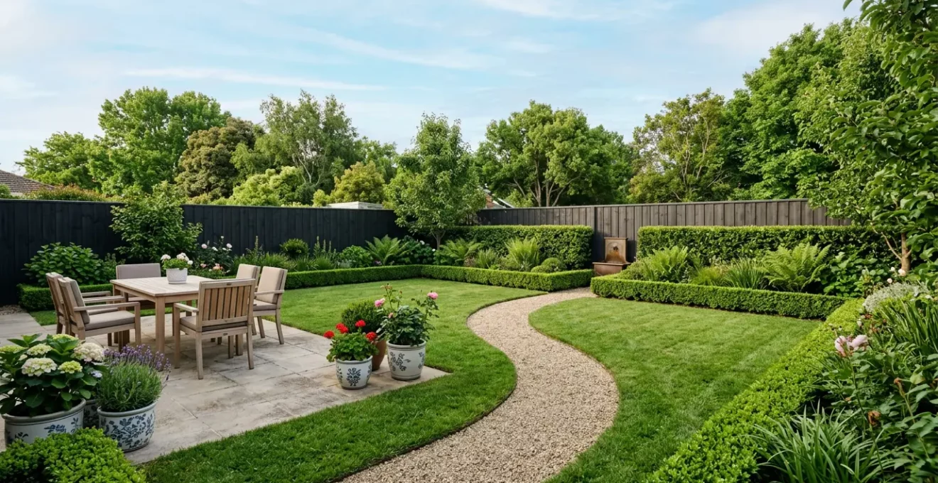 Vue panoramique d'un jardin résidentiel de 200 mètres carrés avec zones à risque de gîtes larvaires pour le moustique tigre