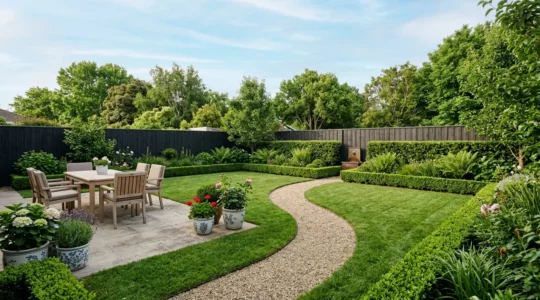Vue panoramique d'un jardin résidentiel de 200 mètres carrés avec zones à risque de gîtes larvaires pour le moustique tigre
