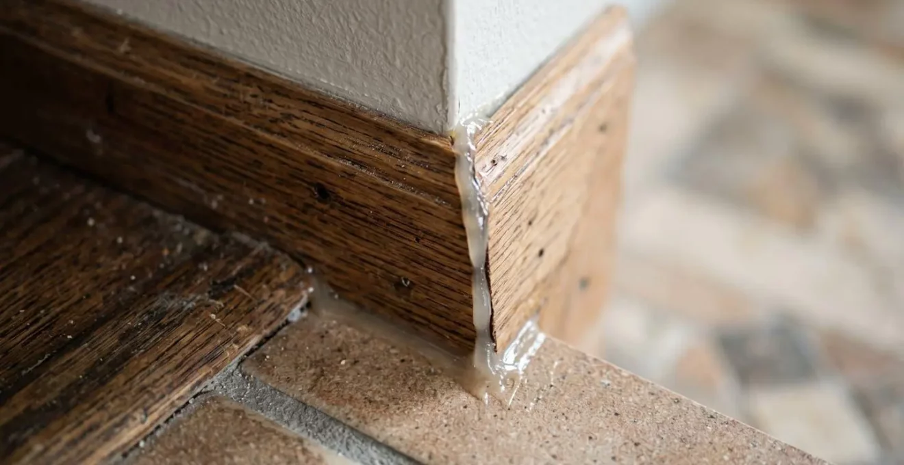 Gros plan sur une jonction de plinthe avec application de mastic d'étanchéité et texture détaillée du bois