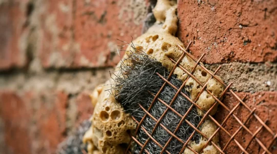 Gros plan sur une installation professionnelle d'étanchéité anti-rongeurs avec matériaux composites