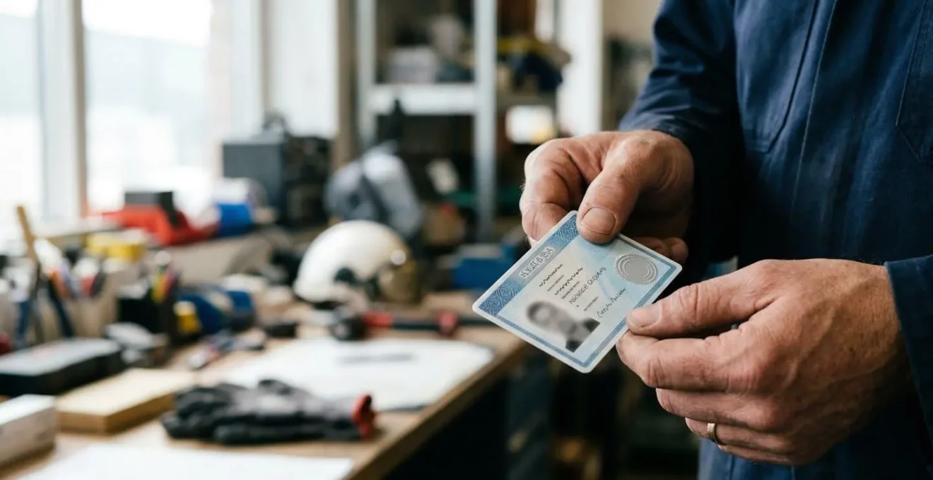 Professionnel en tenue de protection présentant une carte de certification dans un environnement de travail