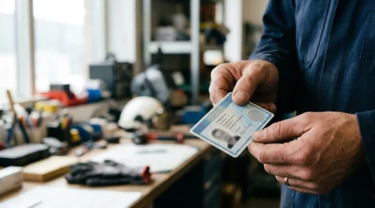 Professionnel en tenue de protection présentant une carte de certification dans un environnement de travail