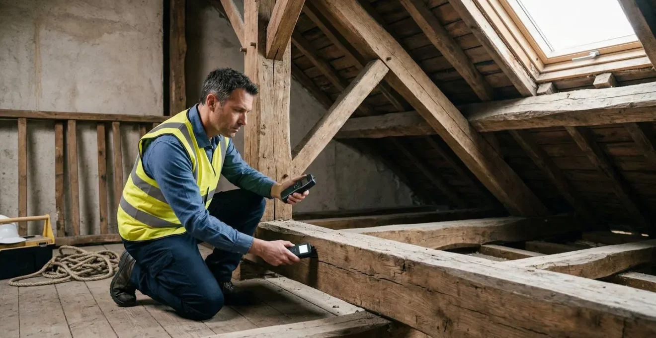 Expert en bâtiment examinant une charpente en bois pour détecter des termites lors d'une expertise immobilière