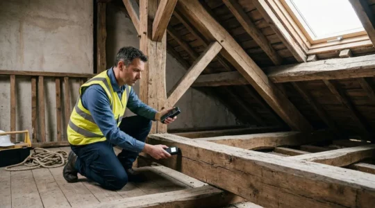 Expert en bâtiment examinant une charpente en bois pour détecter des termites lors d'une expertise immobilière