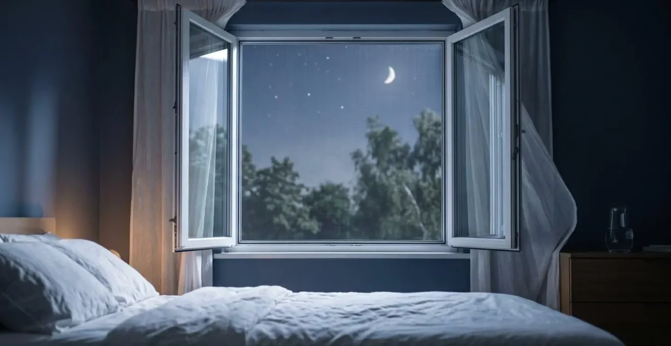 Fenêtre grande ouverte la nuit avec moustiquaire enroulable permettant une aération naturelle en toute sécurité