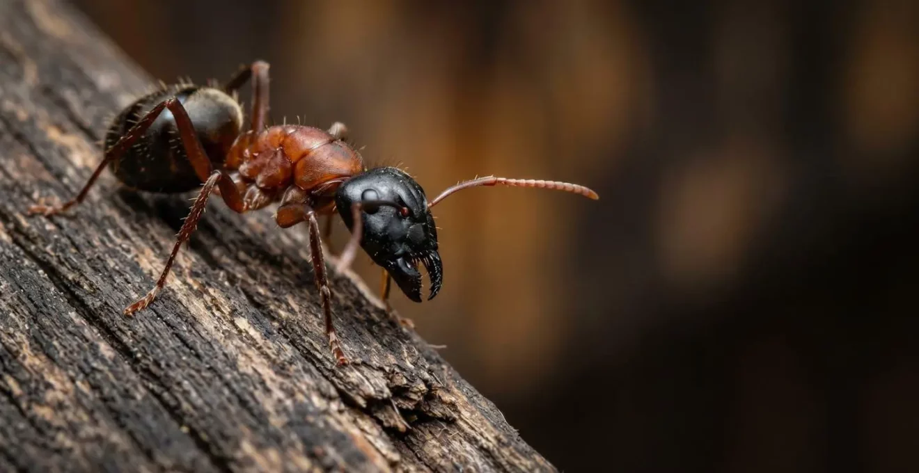 Gros plan macro d'une fourmi charpentière noire avec thorax rougeâtre sur une poutre en bois attaquée