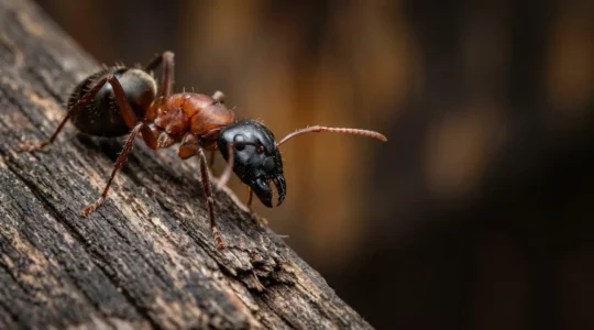 Gros plan macro d'une fourmi charpentière noire avec thorax rougeâtre sur une poutre en bois attaquée