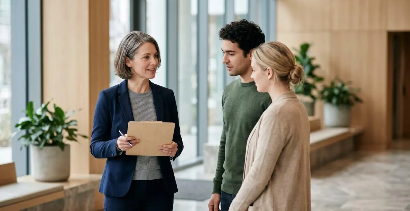 Gestionnaire de copropriété coordonnant calmement une intervention anti-nuisibles dans un hall d'immeuble moderne