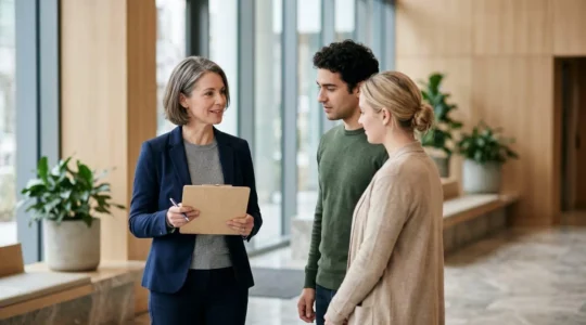 Gestionnaire de copropriété coordonnant calmement une intervention anti-nuisibles dans un hall d'immeuble moderne