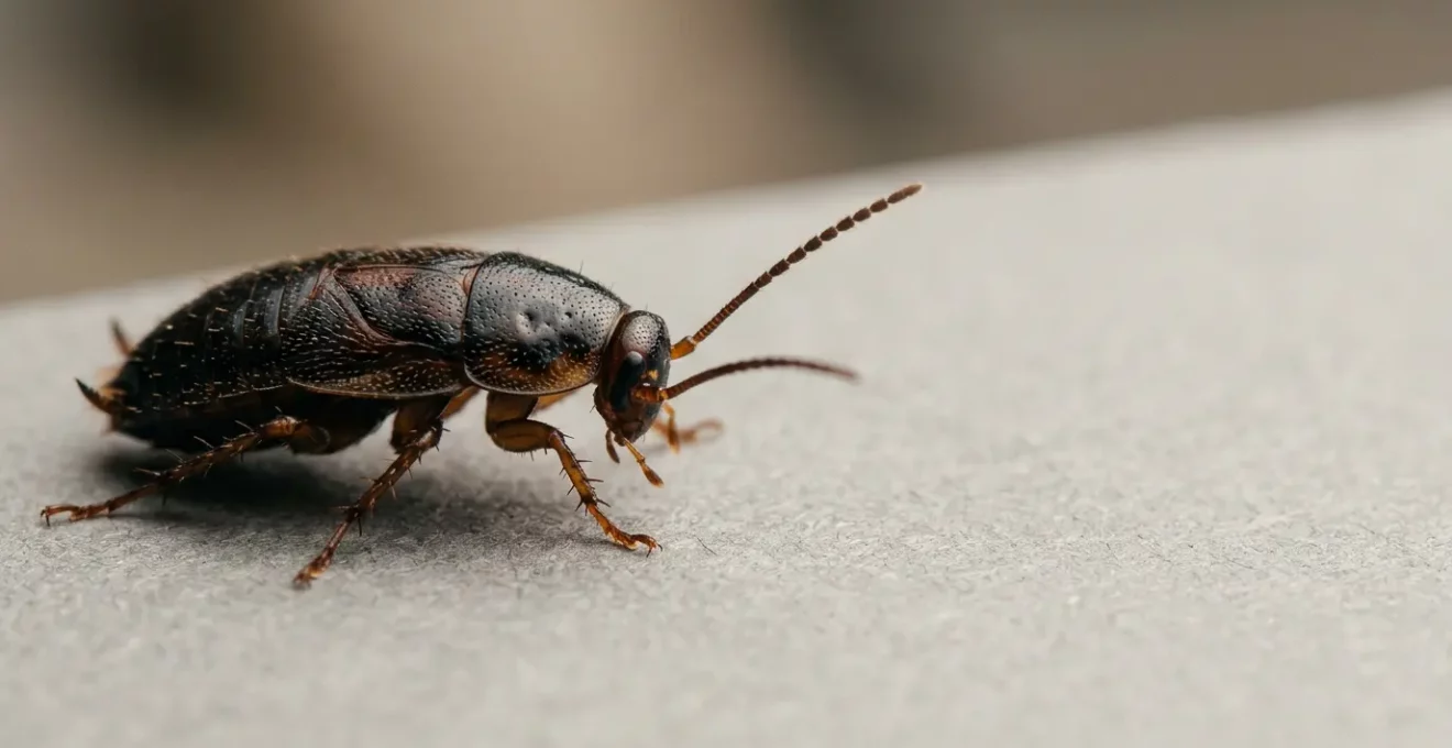 Gros plan sur un insecte noir non identifié dans un environnement domestique, illustrant le diagnostic visuel des nuisibles