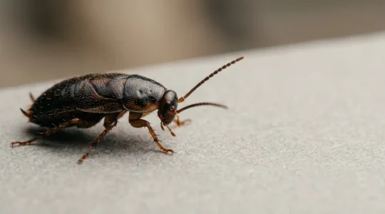 Gros plan sur un insecte noir non identifié dans un environnement domestique, illustrant le diagnostic visuel des nuisibles