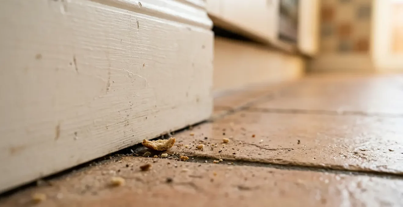 Vue macro d'un insecte rampant dans une cuisine moderne avec détails naturels et éclairage doux